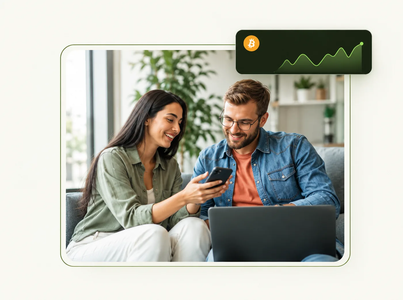Two people looking at a phone together, with a Bitcoin price chart floating above them