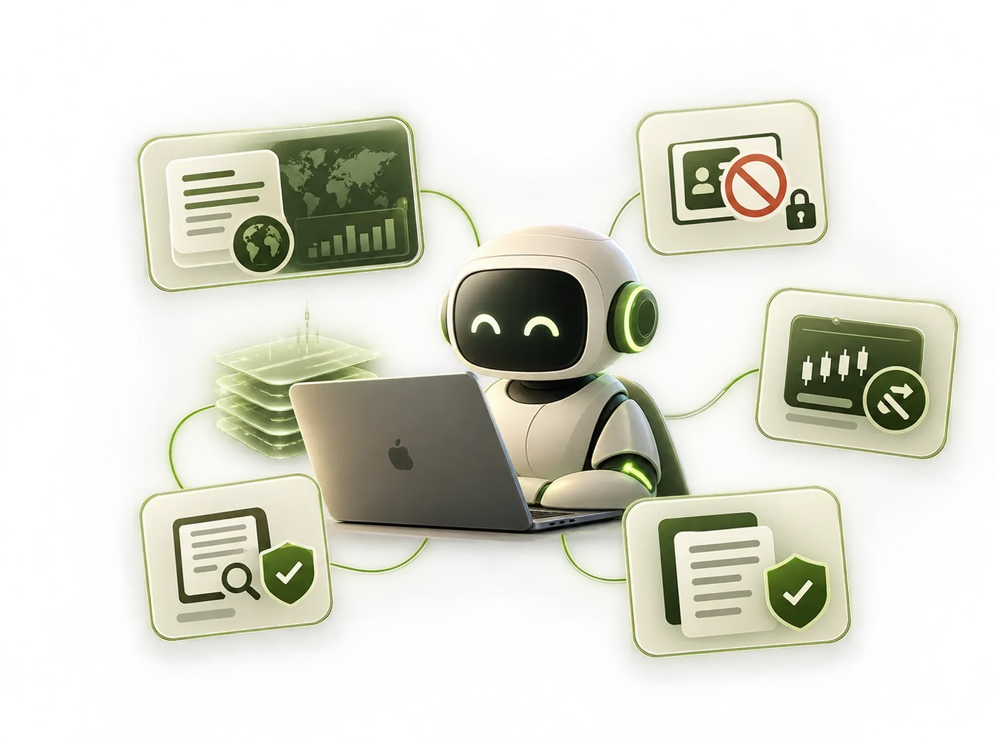 A robot at a laptop connected to cards showing a market chart, source documents and verification checks